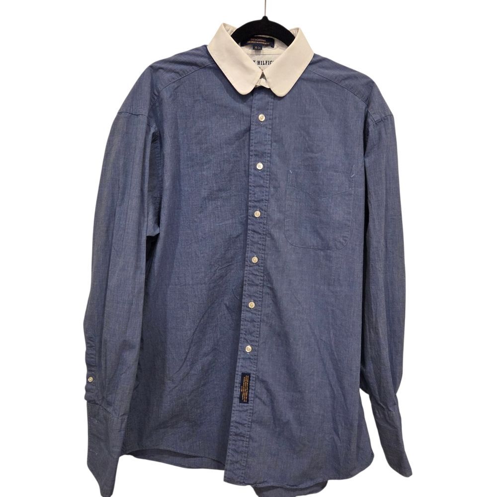 90's Tommy Hilfiger Men's  Dress Shirt Claudine Collar Double Cuffs Blue 16-34